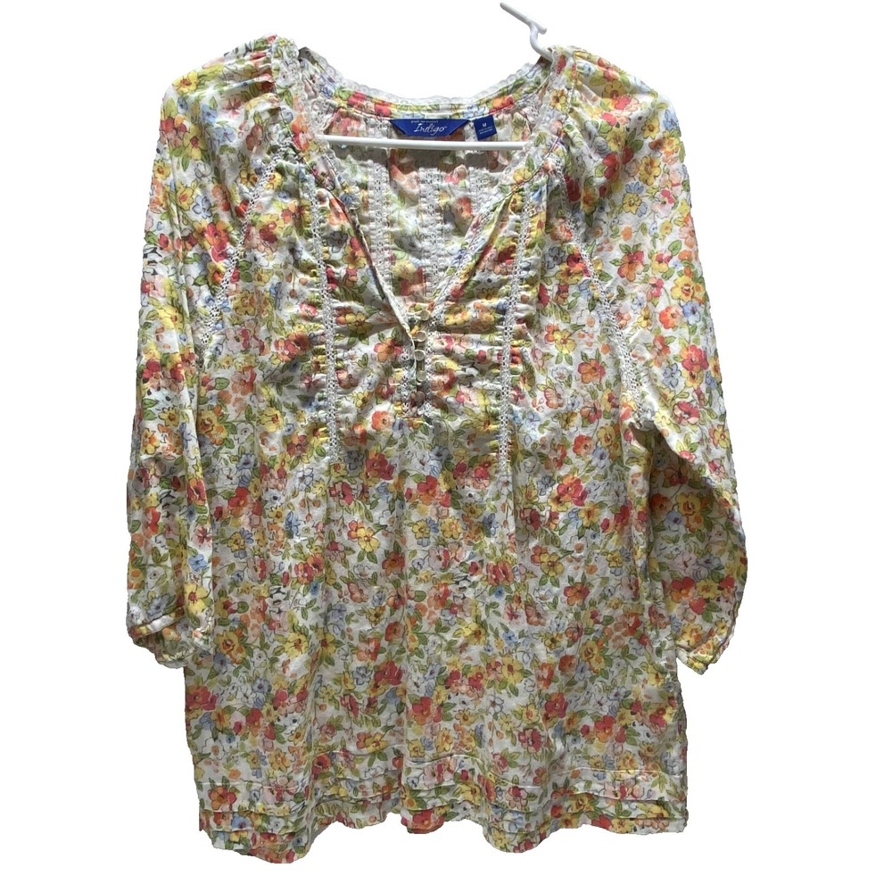 Great Northwest Indigo Blouse Women's Medium Yellow Floral 3/4 Sleeve Popover